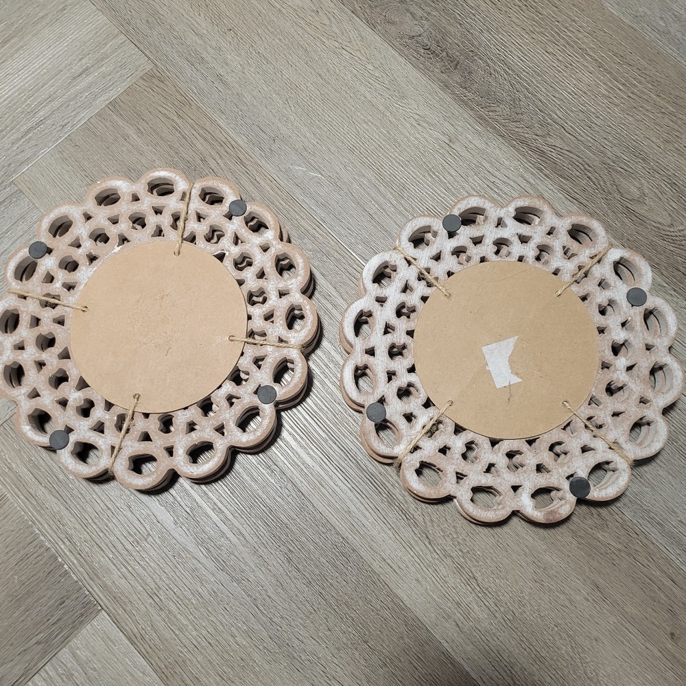 2 Sets Whitewashed Carved Wood Trivets Boho Mandala Openwork Round Tied - Picture 4 of 6